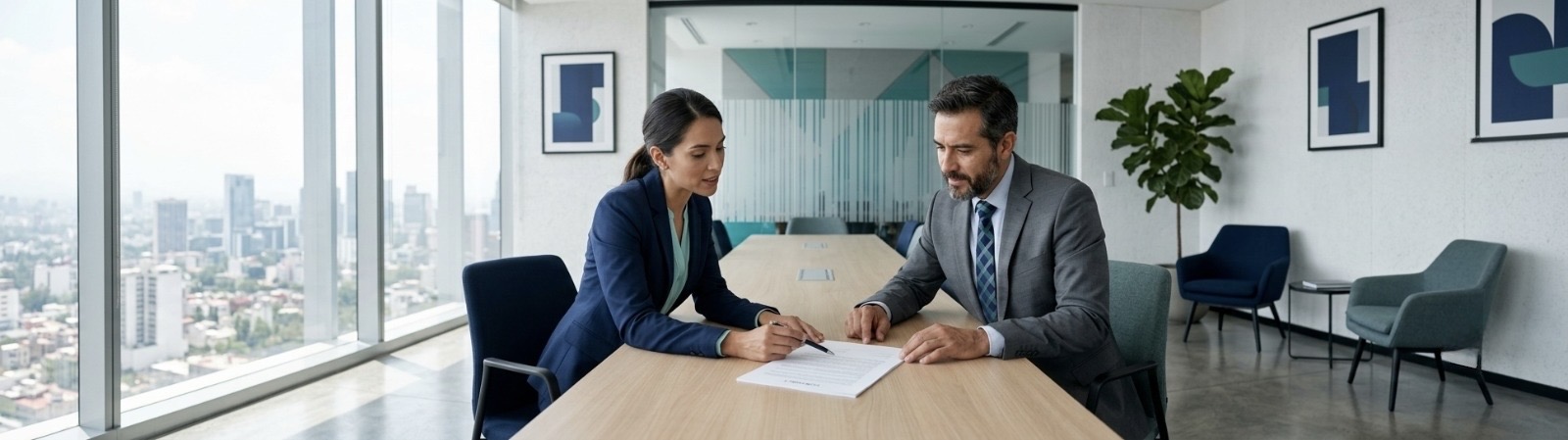Asesor presentando opciones de cobertura a un cliente empresarial