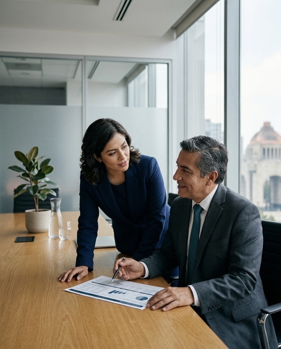 Consultora senior explicando un análisis a un colega en Scottbird