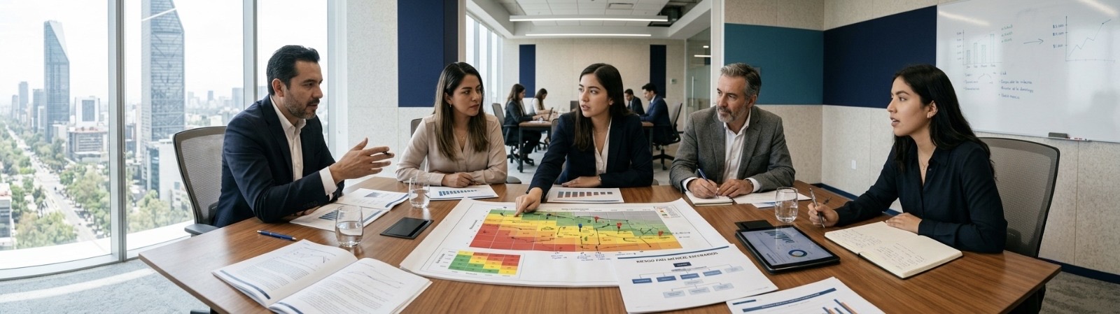 Equipo de Scottbird analizando un mapa de riesgos en sala de juntas